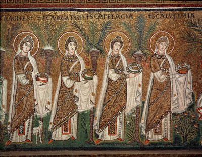 Procession af jomfruer (detalje af mosaikker, 6. århundrede) af Byzantine School