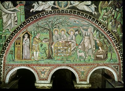 The Hospitality of Abraham and the Sacrifice of Isaac, 6. århundrede (mosaik) af Byzantine School