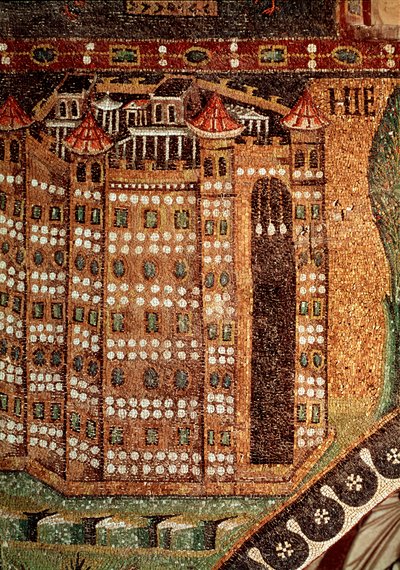 Udsigt over Jerusalem (detalje af mosaik, 6. århundrede) af Byzantine School