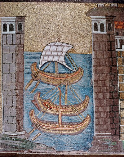 Udsigt over både i havnen i Class (Detalje af mosaikker, 6. århundrede) af Byzantine School