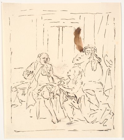 En kvinde knæler for en siddende mand. I baggrunden en grædende kvinde, der støtter sig til en stol. Teaterscene? af C.A. Lorentzen