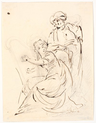 Harpespillende dame. Bag hende en turbanklædt mand af C.A. Lorentzen
