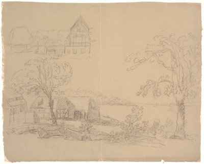 Landskab med gård ved en sø. F.o.t.v. en gård af C.A. Lorentzen