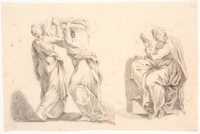 To kvinder i klassiske gevandter bærende en kurv samt en sibylle efter Michelangelo af C.A. Lorentzen