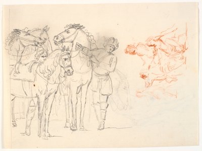 To skitser. T.v. en blyantsskitse med heste og to mænd. T.h. en rødkridtsskitse med en figurgruppe af C.A. Lorentzen