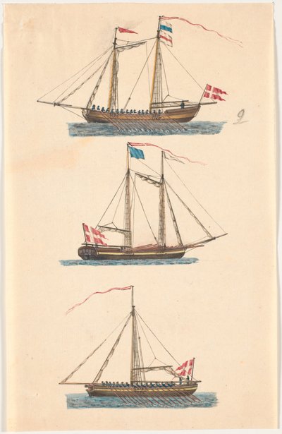 Tre marineskibe med danske flag. Åredrevne af C.A. Lorentzen