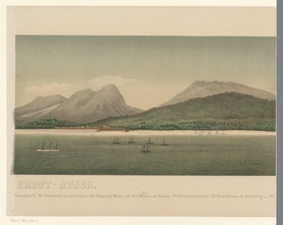 Udsigt over kysten af ​​Greater Aceh, med flåden fra den første Aceh-ekspedition ud for kysten, del tre The Greater Aceh Road (titel på objekt) af C.A. Whitten