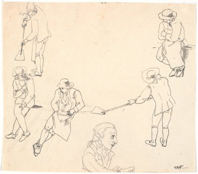 Skitse med seks mandlige figurer, to med skovle, tre siddende, samt en mandsprofil af C.D. Fritzsch