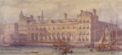 Udsigt over Billingsgate Market med figurer og både i forgrunden, London, 1877 af CF Kell