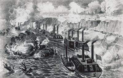 Admiral David Dixon Porters flåde kører oprørsblokade på Mississippi ved Vicksburg, 16. april af J.B. and Brown J. Rowbotham