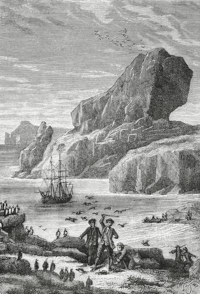 Opdagelsen af Austral Frankrig (Kerguelen Islands) af den franske opdagelsesrejsende Yves-Joseph de Kerguelen-Tremarec (1734-1797), februar 1772, gravering, Det Indiske Ocean, det franske sydlige og antarktiske territorium af J.B. and Brown J. Rowbotham