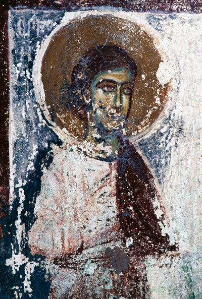 Helgenfigur, fresko i kirken Taxiarhon, Old Pyli, Kos-øen, Grækenland (foto) af J.B. and Brown J. Rowbotham