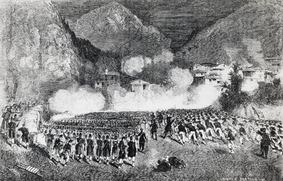 General Giacomo Medicis division angriber Levico Terme, Trentino-Alto Adige, juli 1866, tredje uafhængighedskrig, gravering, Italien af J.B. and Brown J. Rowbotham