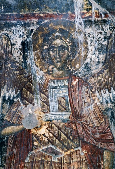 Hest, beskadiget freskomaleri på loftet af kirken Agios Vasileios, Vavouledo, Kreta, Grækenland (foto) af J.B. and Brown J. Rowbotham