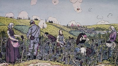 Vores vinbønder høstede under ild, høsten i Champagne-regionen i 1914, Første Verdenskrig, Frankrig, 20. århundrede af J.B. and Brown J. Rowbotham