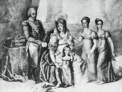 Portræt af Victor Emmanuel I, konge af Sardinien og hertug af Savoyen, Piemonte og Aosta, med sin hustru Maria Theresia af Østrig-Este og hans døtre, Maria Teresa af Savoyen (1803-1879), Maria Anna af Savoyen og Maria Cristina af Savoyen , gravering af J.B. and Brown J. Rowbotham