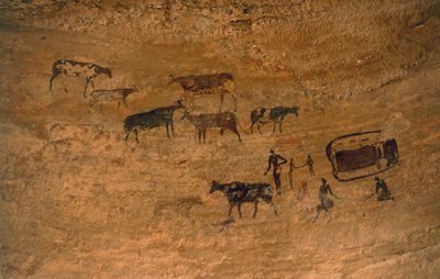 Scene i det daglige liv med husdyr, klippekunst, Tassili n