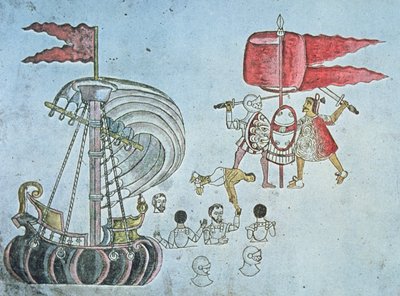 Spanske soldater fra Hernan Cortes vader i land i 1519 for at kæmpe mod aztekerne, kopieret fra Codex Azcatitlan, ca. 1550 (farve litho) af J.B. and Brown J. Rowbotham