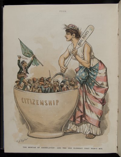 Assimilationens morter - And the One Element That Wont Mix, illustration fra Puck Magazine, 26. juni, 1889 af C.J. Taylor