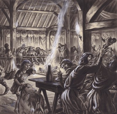 Et festmåltid i en angelsaksisk teatersal (gouache på papir) af C.L. Doughty