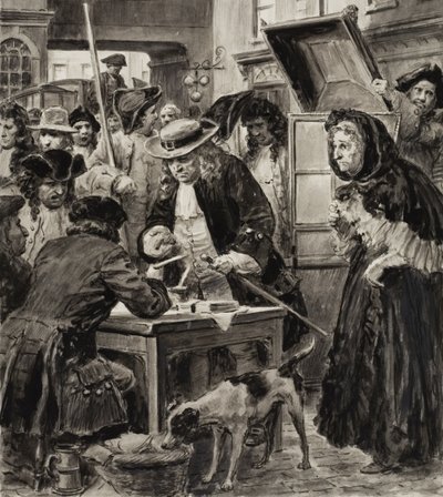En pantelåner fra det 18. århundrede og hans kunder (gouache på papir) af C.L. Doughty