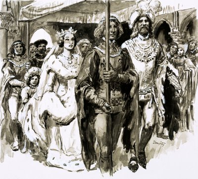 I en alder af 13 år blev den smukke Isabella gift og blev dronning af England (gouache på papir) af C.L. Doughty