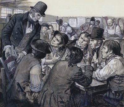 Oberst Despard rekrutterer politisk utilfredse i Londons skumle underverden (gouache på papir) af C.L. Doughty