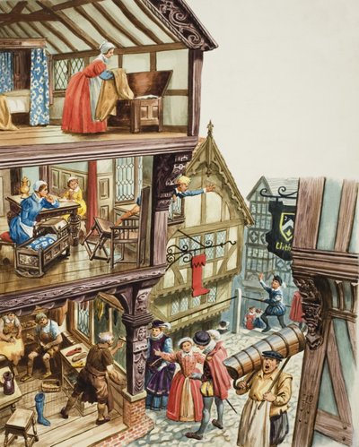 Elizabethansk bybillede (gouache på papir) af C.L. Doughty