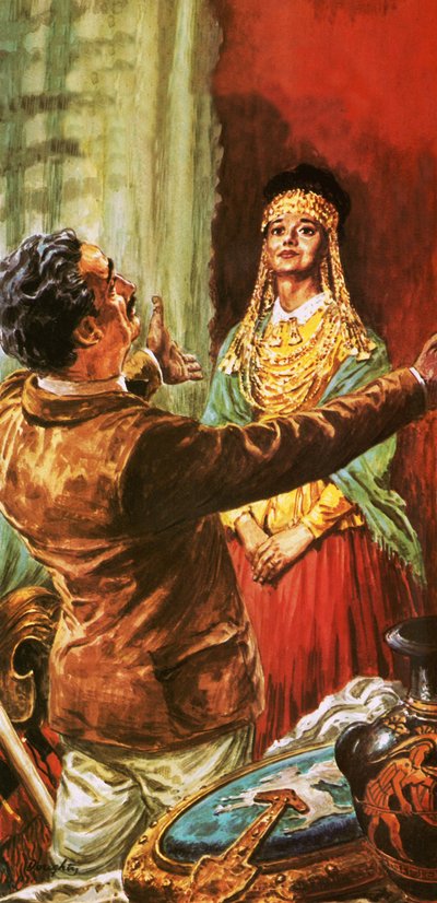 Heinrich Schliemann udsmykker sin kone med ornamenter, der er gravet op i det gamle Troja af C.L. Doughty