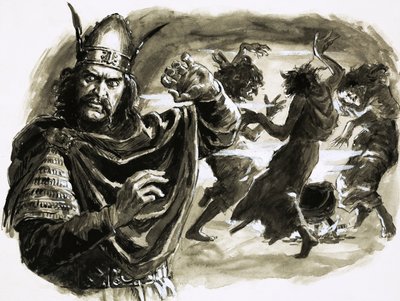 I Shakespeares stykke møder Macbeth tre hekse. af C.L. Doughty