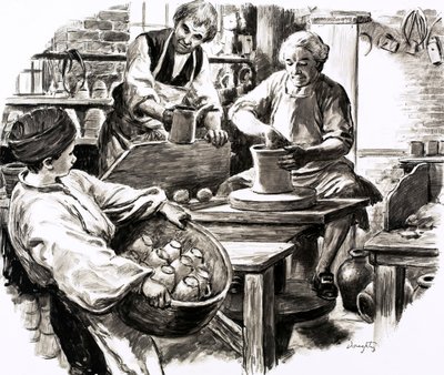 Josiah Wedgwood blev udlært i familiens keramikvirksomhed (gouache på papir) af C.L. Doughty