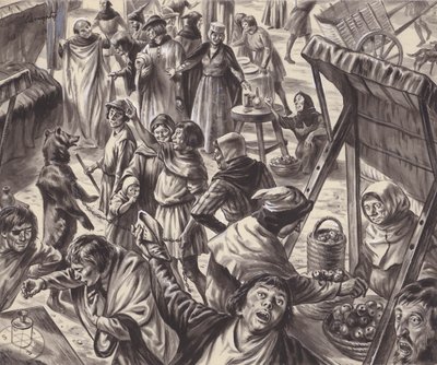 Købmænd på et middelaldermarked (gouache på papir) af C.L. Doughty