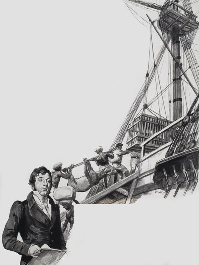 Raffles forlader Singapore (gouache på papir) af C.L. Doughty