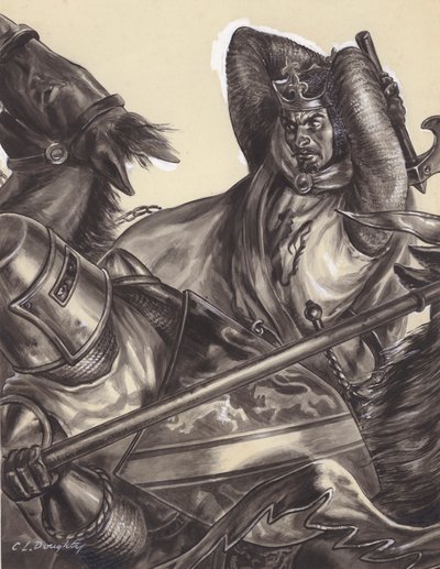 Robert Bruce på vej til at dræbe Sir Henry de Bohun () (gouache på papir) af C.L. Doughty
