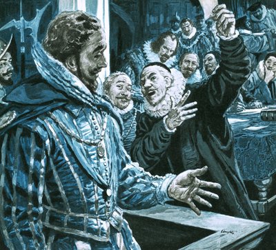 Sir Walter Raleigh forsvarer sig mod Edward Cockes beskyldninger af C.L. Doughty