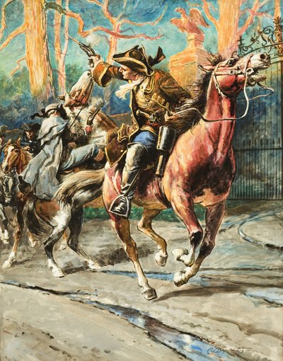 The Exploits of a Highwayman (gouache på papir) Efter hvert af sine røverier så William Page ud til at være i stand til at komme videre - indtil den næste af hans dristige eskapader; hans succesrige løbebane blev stoppet i et røveriforsøg på Great North Ro af C.L. Doughty