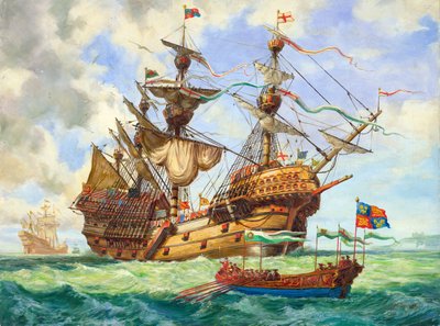 The Great Harry, flagskibet i kong Henriks flåde, med mange af sine 251 kanoner (gouache på papir) af C.L. Doughty