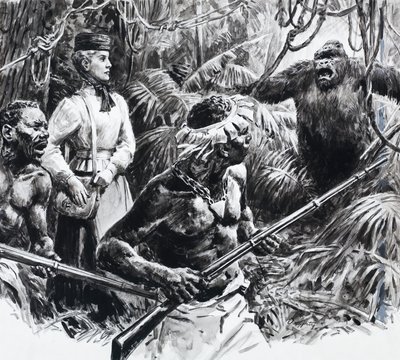 Den opdagelsesrejsende Mary Kingsley i Afrika (gouache på papir) af C.L. Doughty