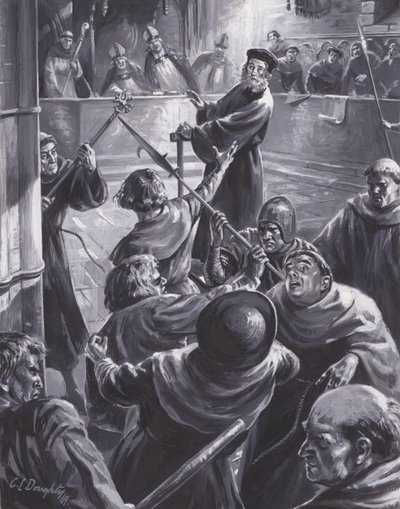 Retssagen mod John Wyclif, hvor en folkemængde forsøgte at redde ham (gouache på papir) af C.L. Doughty