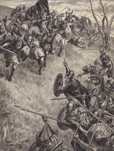 Uidentificeret kampscene (gouache på papir) af C.L. Doughty
