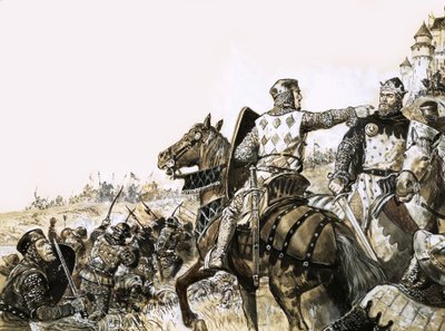 Uidentificeret kampscene med soldat, der peger på kongen af C.L. Doughty