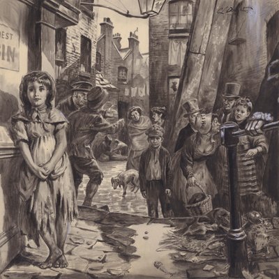 Victoriansk slumscene (gouache på papir) af C.L. Doughty