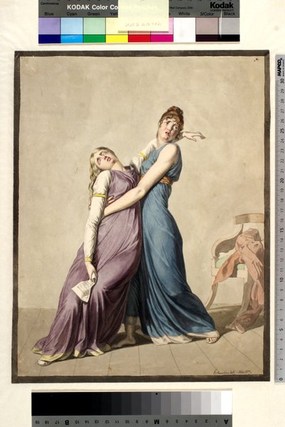 En kvinde støtter en anden kvinde, der er besvimet ved at læse et brev af Christoffer Wilhelm Eckersberg