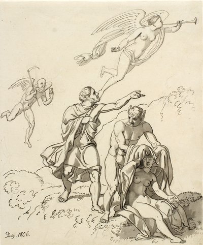Allegorisk komposition; et par unge mænd med æselører og en siddende nøgen kvinde, i baggrunden Tiden og Fauna svævende af Christoffer Wilhelm Eckersberg