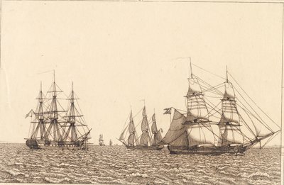 En fregat ligger for anker. Illustration til "Linearperspectiven", Tavle IXb af Christoffer Wilhelm Eckersberg