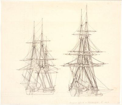 En korvet og en brig til ankers. af Christoffer Wilhelm Eckersberg