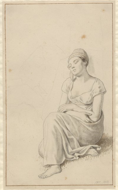 En kvinde, der sidder lænet mod en stenblok og sover. af Christoffer Wilhelm Eckersberg