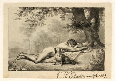 En nøgen ung mand, der ligger og sover ved foden af et træ, ved hans side en hund af Christoffer Wilhelm Eckersberg