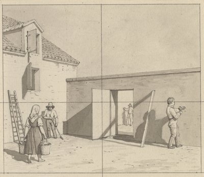 Linearperspectiven, anvendt paa malerkunsten - udkast til ikke anvendt illustration - Dansk gårdsplads med fire bønder og håndværkere. af Christoffer Wilhelm Eckersberg