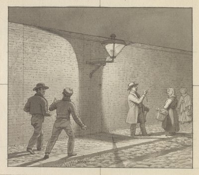 Linearperspectiven anvendt paa malerkunsten, Tavle VIII, fig. 1 - Natlig færden under gadelygten. af Christoffer Wilhelm Eckersberg